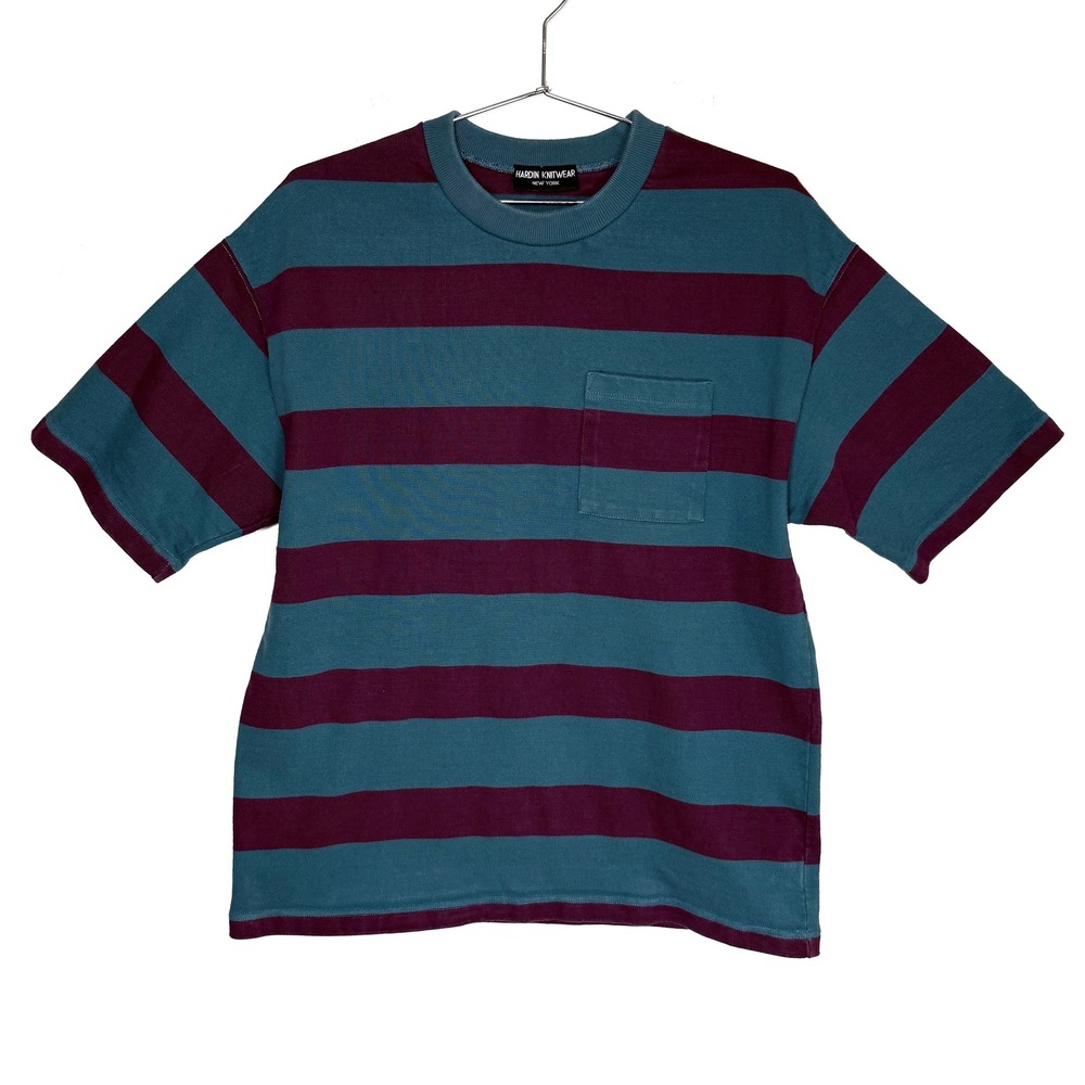 HARDIN‎ KNITWEAR Vintage Mens Striped Pocket T Shirt Teal Burgundy Cotton MEDIUM